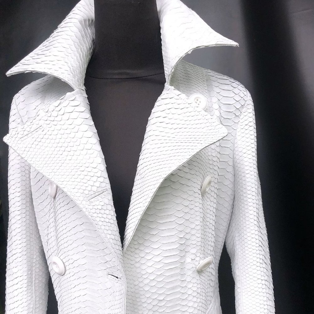 White Python Snakeskin Leather Long Trench Coat